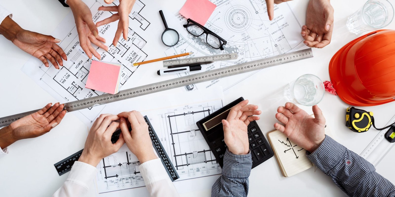 Picture of businessmen's hands on white table with documents, coffee and drafts